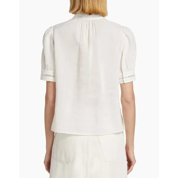 NEW Frame white Linen-Blend Ruffle-Trimmed Top Size XS